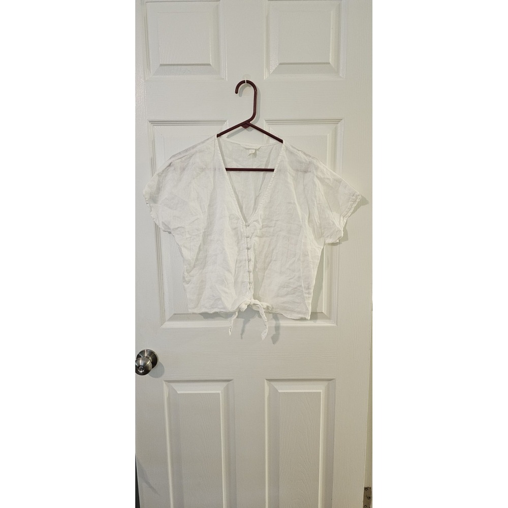 H&M LINEN-BLEND TIE-HEM BLOUSE CROPPED CROP TOP WHITE Size UK 12 - US Small - Picture 1 of 8